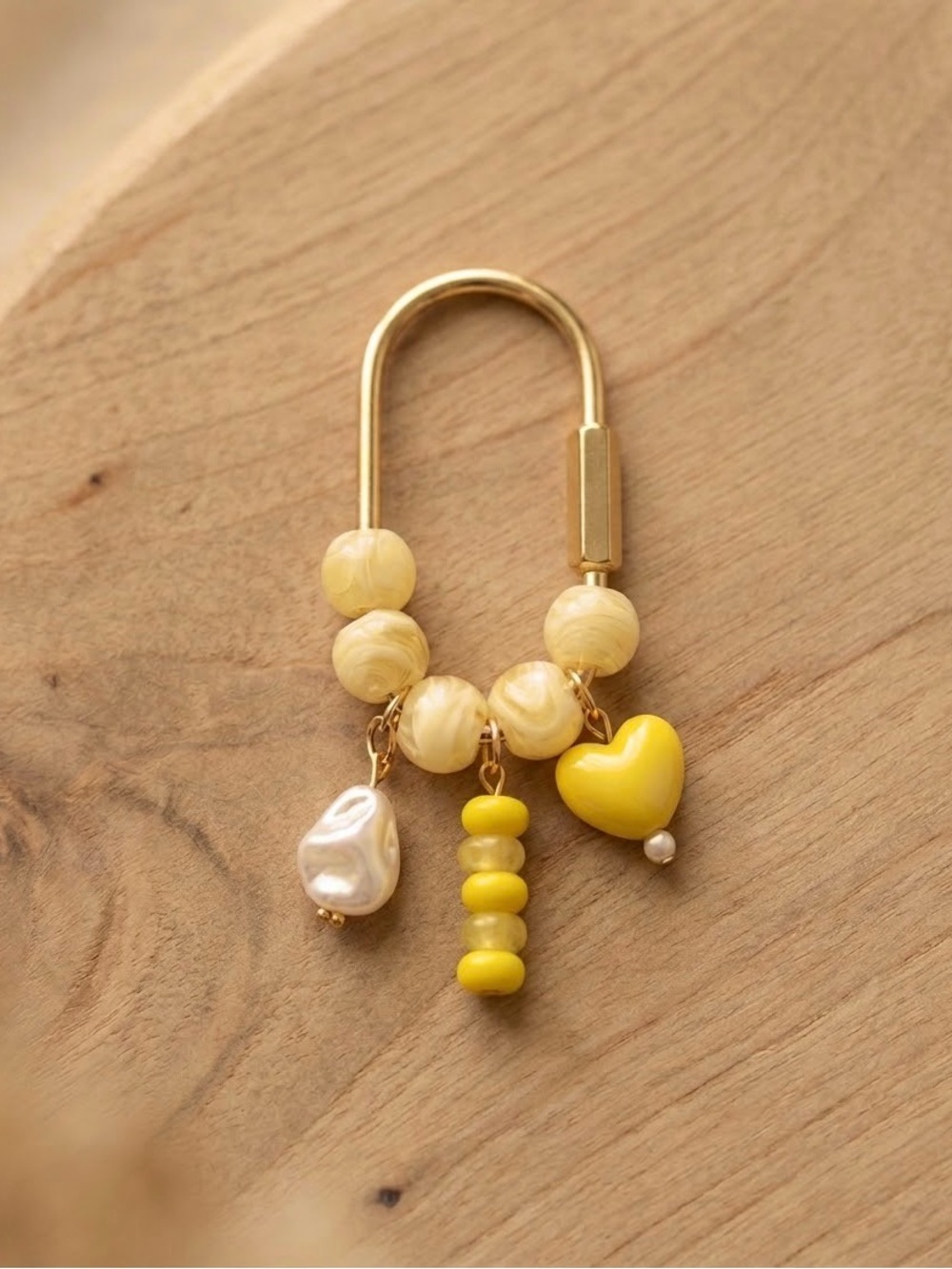 Bright Yellow Carabiner Gold Bag Charm Keychain with Heart & Faux Pearl Charms